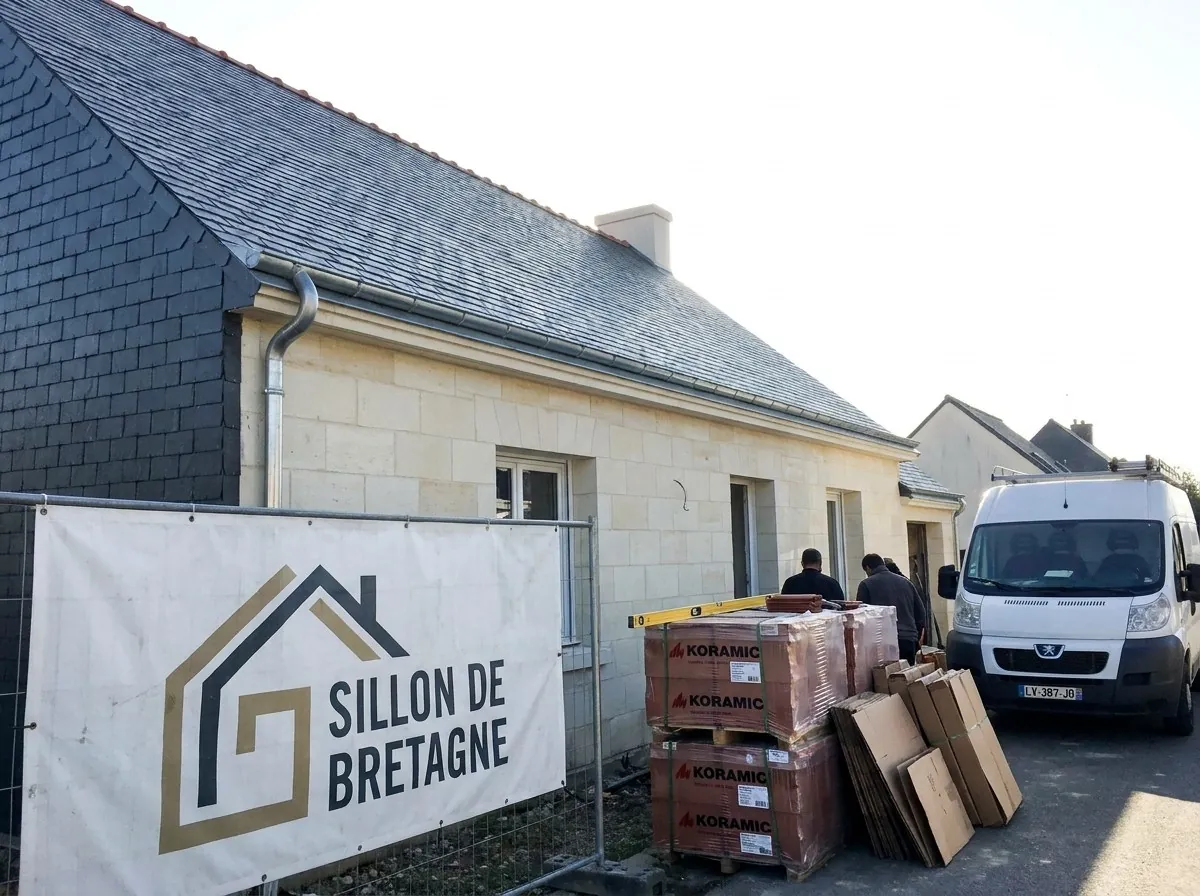 Maison en tuffeau couverte en ardoise naturelle à Couëron, bâche Les Ardoises de la Chabossière sur la clôture du chantier